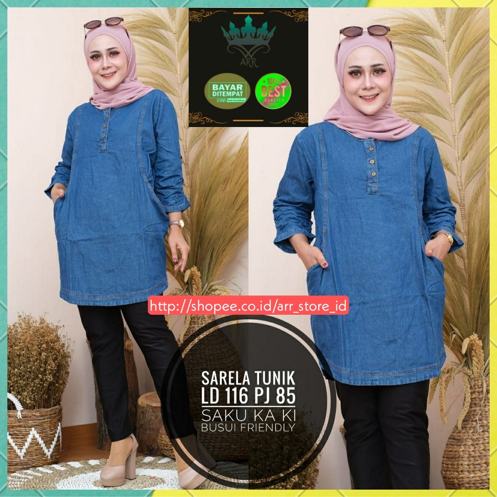 Baju Atasan Tunik Jeans Denim Jumbo Wanita Terbaru Kekinian Motif Polos Premium Import Ld 116 P 85 New Sarela Tunik Allsize