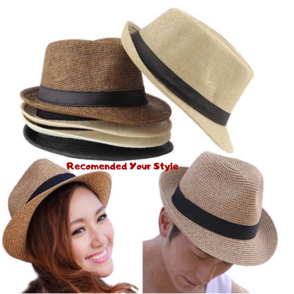 SH8 Topi Tompi Fedora Pria dan Wanita Jerami Polos Penyanyi Musik Retro Unik Jazz Vintage Pantai Piknik santai