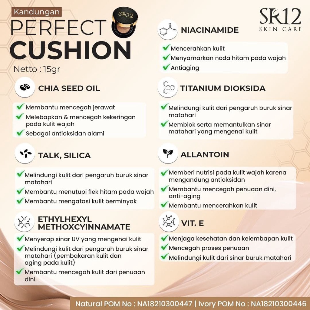 Perfect Cushion Ivory Sr12  Oil Control Bedak Sultan  Cushion Pencegah jerawat  Glowing Tahan Lama  Bedak Terlaris  bpom  saudagarsr12