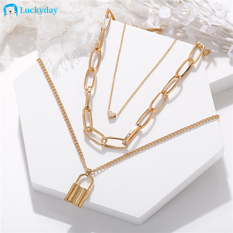 YEEZII Fashion Korea Retro Emas Kalung Kepribadian Sliver Pendant Lock Multilayer Rantai Perhiasan Aksesoris Hadiah