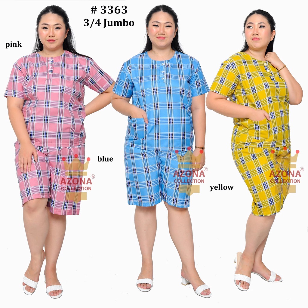 Dtree . Piyama stelan pendek jumbo katun motif kotak kotak baju tidur kancing depan Ld 120 cm