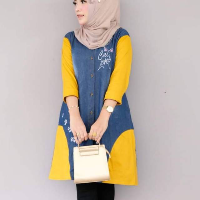 Tunik jeans /blouse jeans  wanita kombinasi katun Stretch LD :110cm