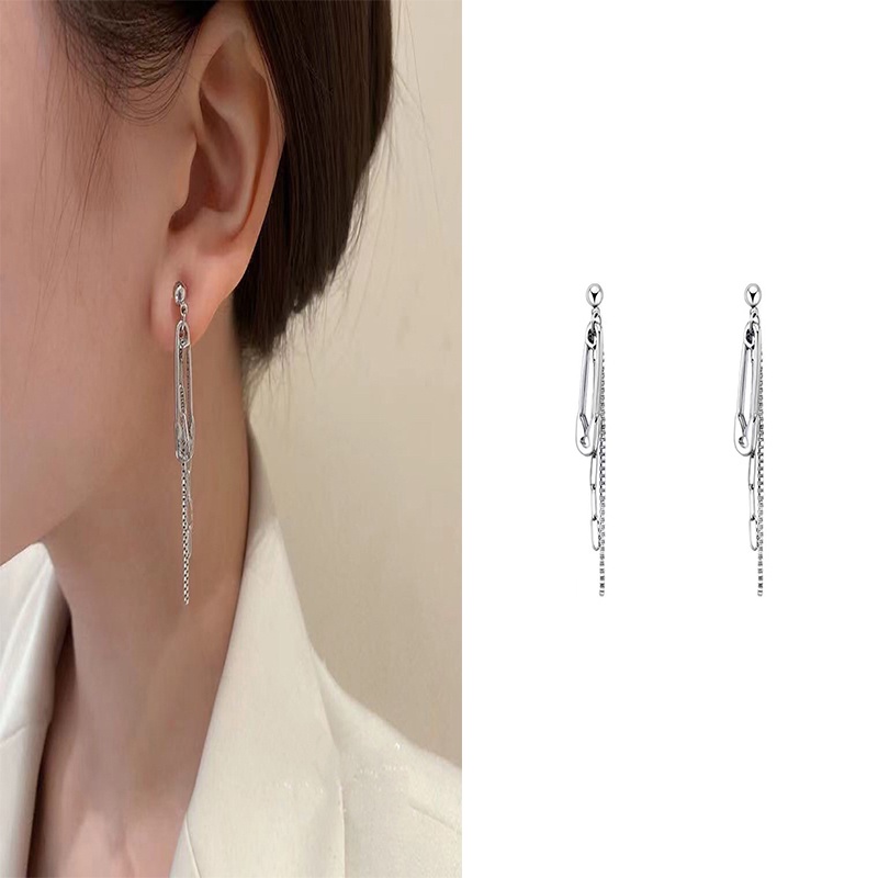 1 Pasang Anting Rantai Panjang Model Klip Kertas Warna Silver Untuk Wanita