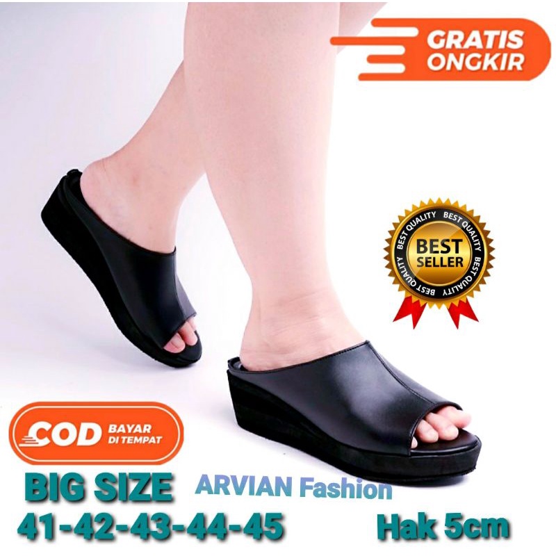 Wedges Kulit Hitam BIG SIZE 41-42-43-44-45 Sandal Wedges Wanita Kondangan Ukuran JUMBO Original
