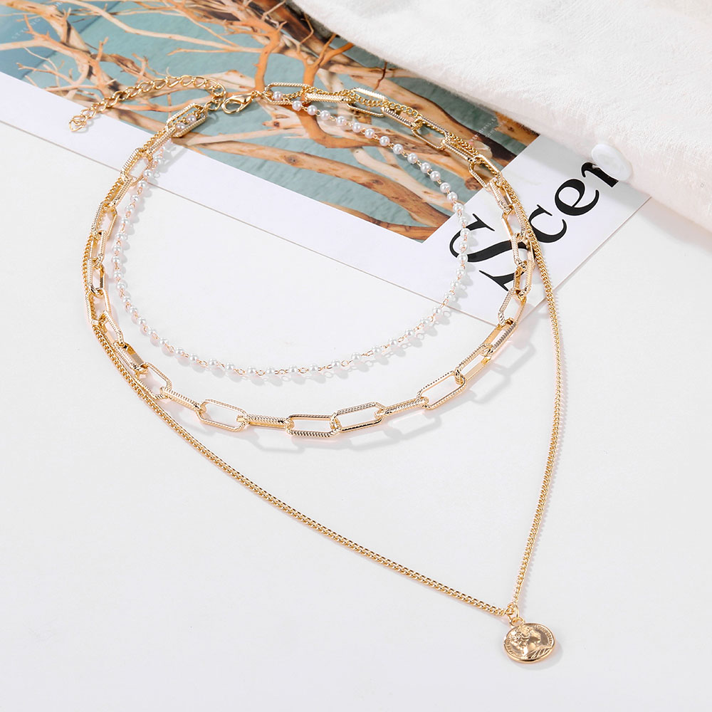 Kalung Rantai Multilayer Gaya Korea/Vintage/Retro Motif Bunga/Mutiara Imitasi/Pita untuk Wanita