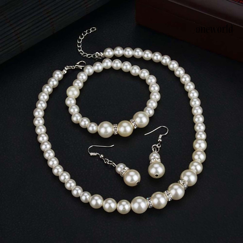 OW@ 3Pcs Elegant Women Faux Pearl Necklace Hook Earrings Bracelet Wedding Jewelry Gift