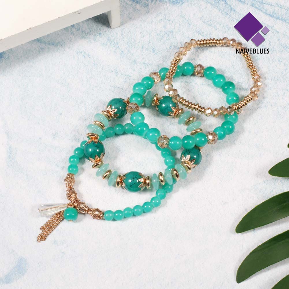 Naiveblue 4Pcs / Set Gelang Tangan Rantai Manik Batu Agate Imitasi Gaya Boho Untuk Wanita