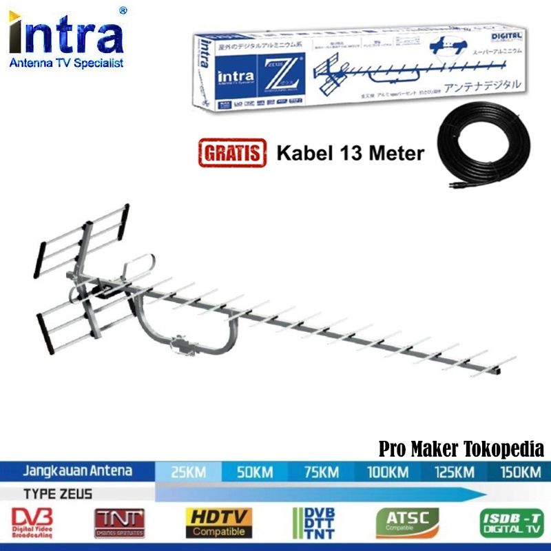 Intra Zeus Antena TV Digital Luar Outdoor Analog Free Kabel 13 Meter Original