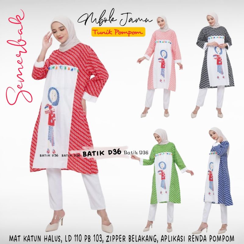 (Semerbak) Tunik dress mbok jamu Atasan Baju Batik modern katun elegan cantik baju kerja wanita kondangan kantor kantoran kasual jumbo kekinian pompom modern Terbaru 2022 semerbak