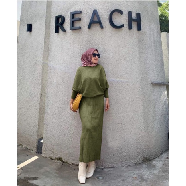 SET ROK REACH KNIT, RIB KNIT, GAMIS HIJAB MUSLIM, SETELAN