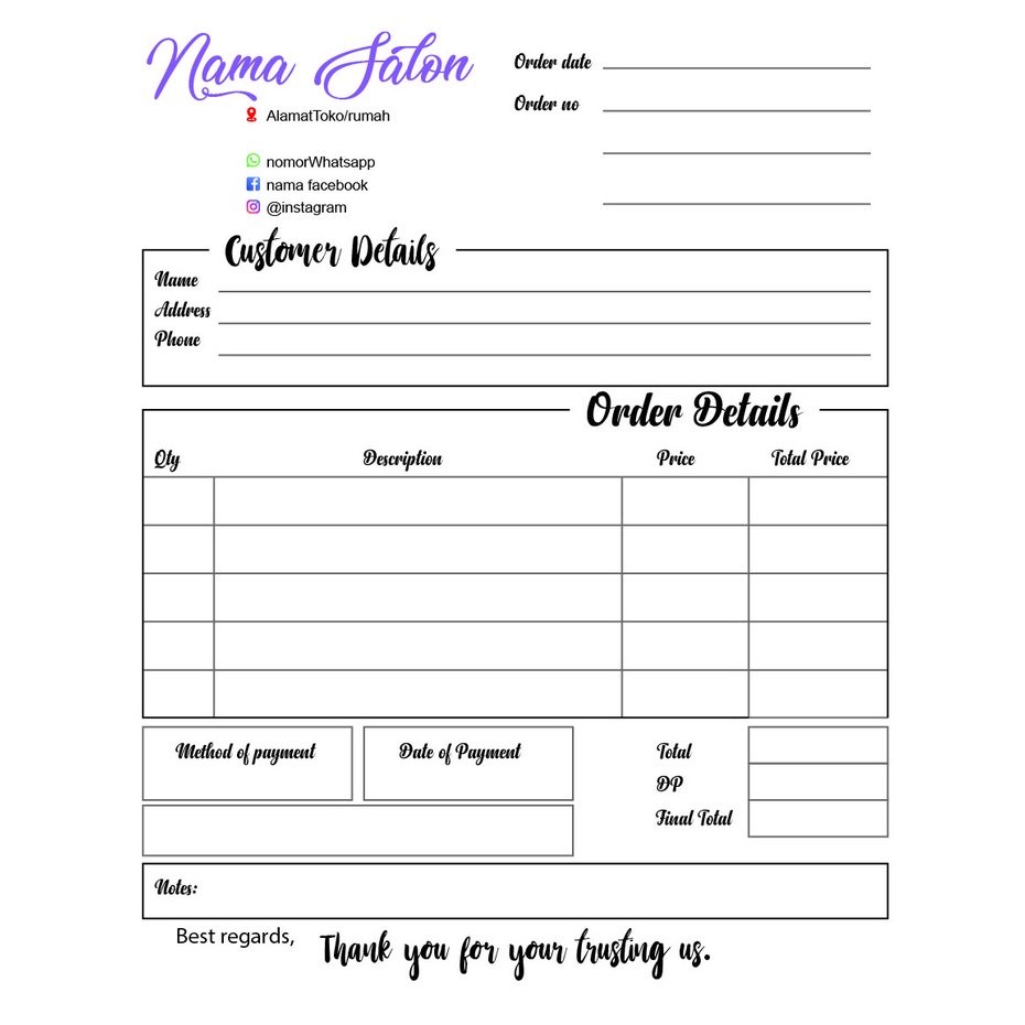 

nota form order A4 wedding organizer, makeup wedding