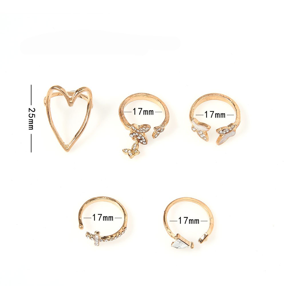 5pcs / Set Cincin Model Terbuka Desain Salib / Segitiga / Hati / Kupu-Kupu Hollow Adjustable Untuk Wanita