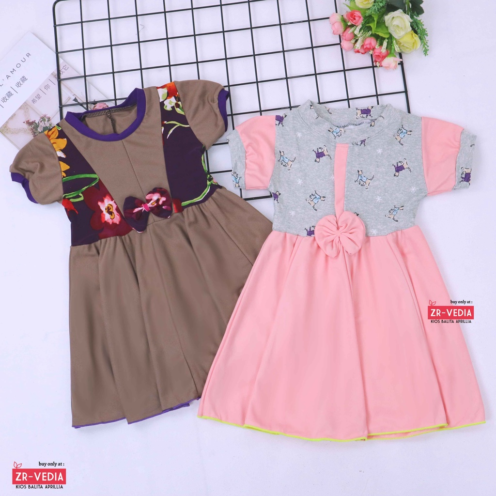 Dress Jasmine size 1-2 Tahun / Dres Balita Anak Perempuan Murah Baju Lengan Adem Motif Pita Grosir