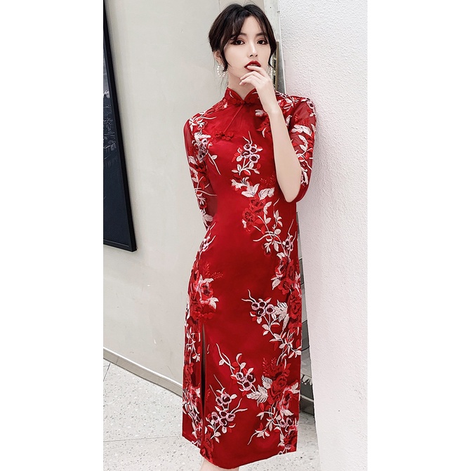 T1022 Cheongsam Gaun Import Midi Gaun Pesta Gaun Sangjit Party Dress Merah Putih S-2XL Jahit Custom
