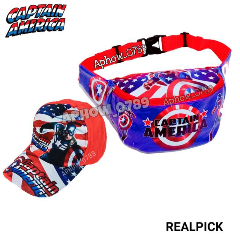 paket 2in1 tas slempang dan topi bucket capatain america anak full printing waistbag anak topi anak laki laki