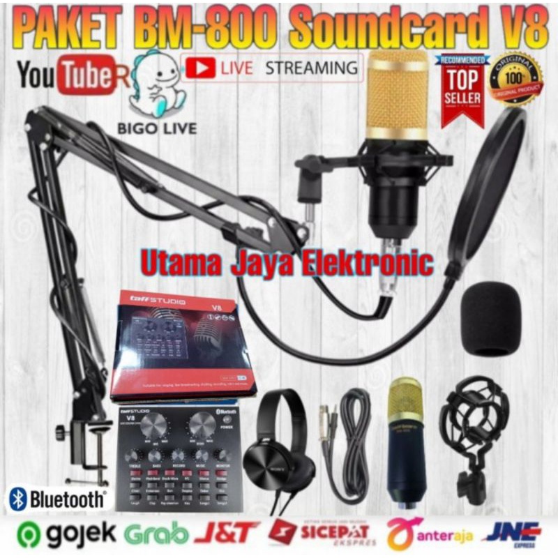 Paket Komplit Microphone BM800 Soundcard V8 Stand Arm Pop Filter Home Recording Terbaik