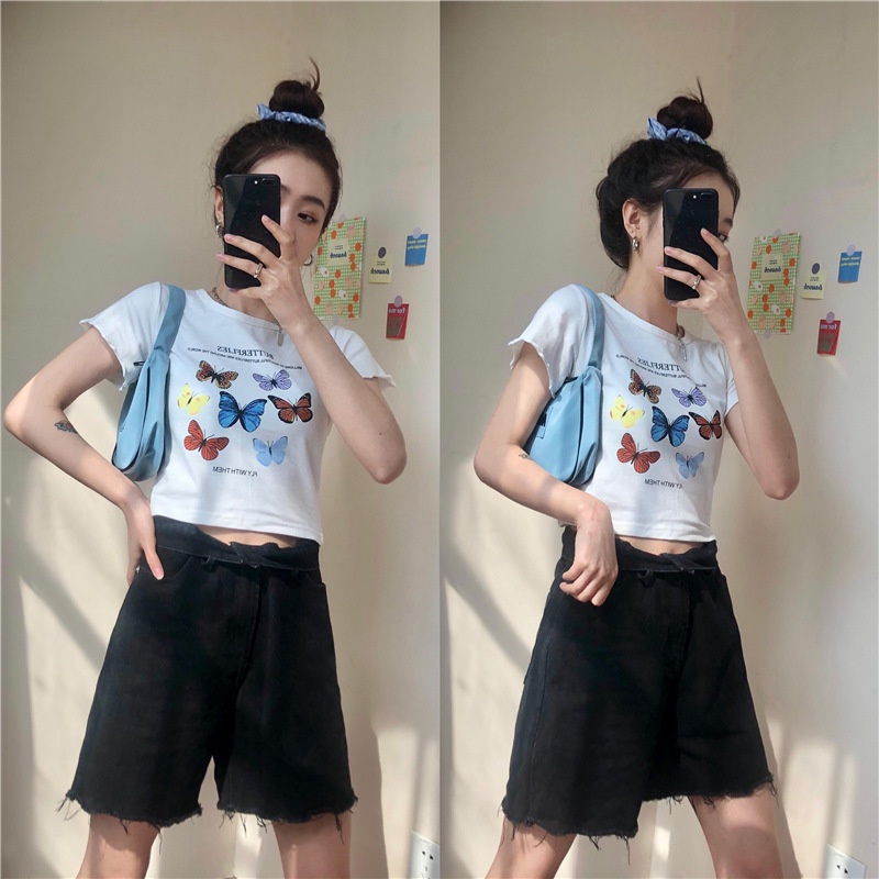 MOOGU ♡ Print crop top kaos wanita t-shirt lengan pendek atasan baju wanita