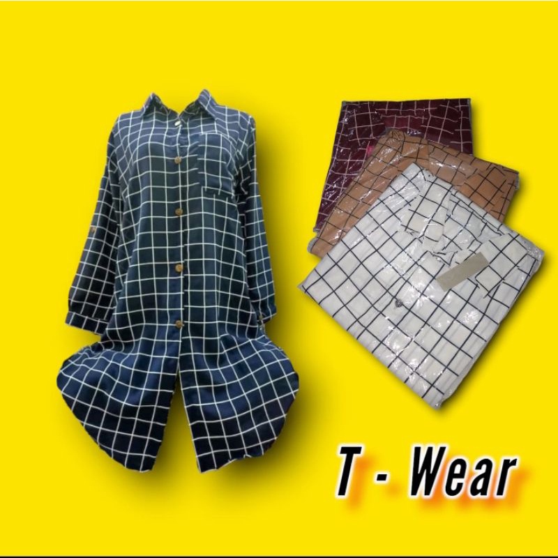 (9) Kemeja tunik Kotak Kotak Hitam putih