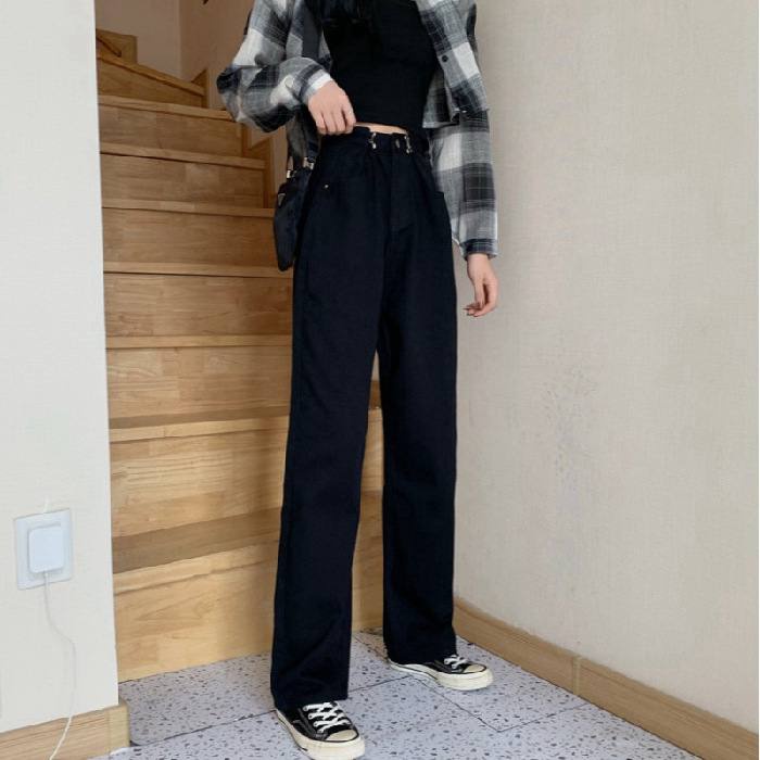 BEARYJEANS Celana Jeans Kulot Wanita Hook Waist Jeans Adjustable Loose Leg Jeans High Waist Jeans - BJ006