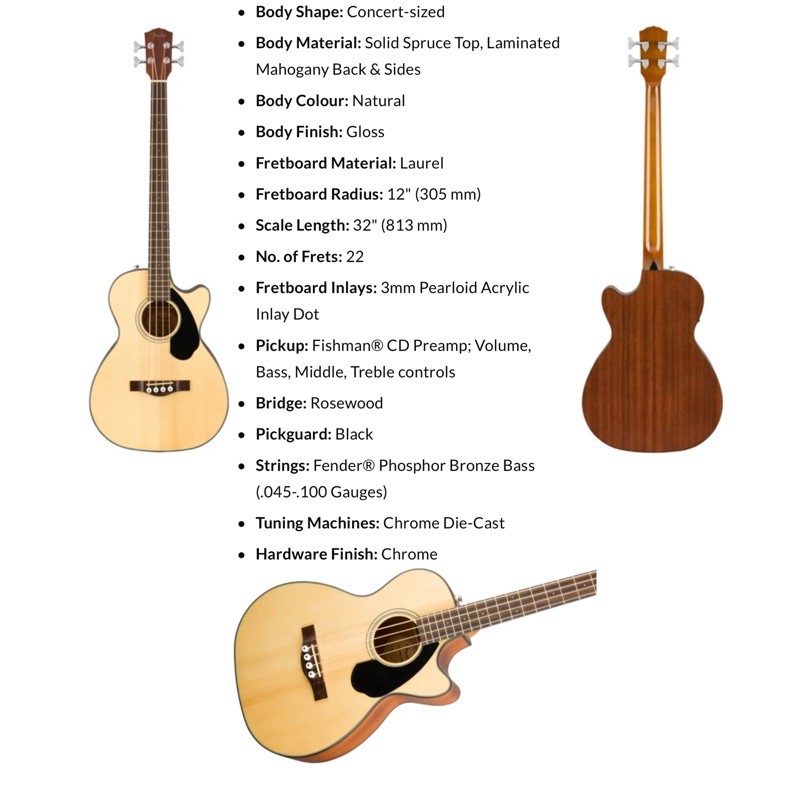 Fender CB60SCE CB-60SCE Acoustic Bass Guitar w/Cutaway & Electronics