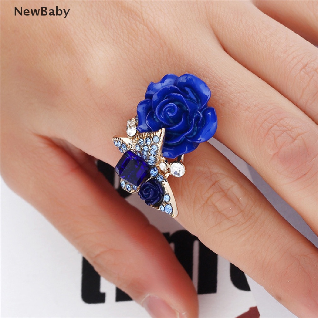 Newbaby Cincin Wanita Desain Kupukupu Mawar Hias Kristalberlian Imitasi Adjustable Untuk Pertunangan