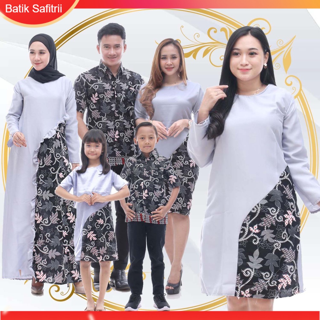 Couple Keluarga - Batik Keluarga Muslim Kombinasi - Ibu Bapak Anak - Motif Moscrep Abu - Dress Tunik
