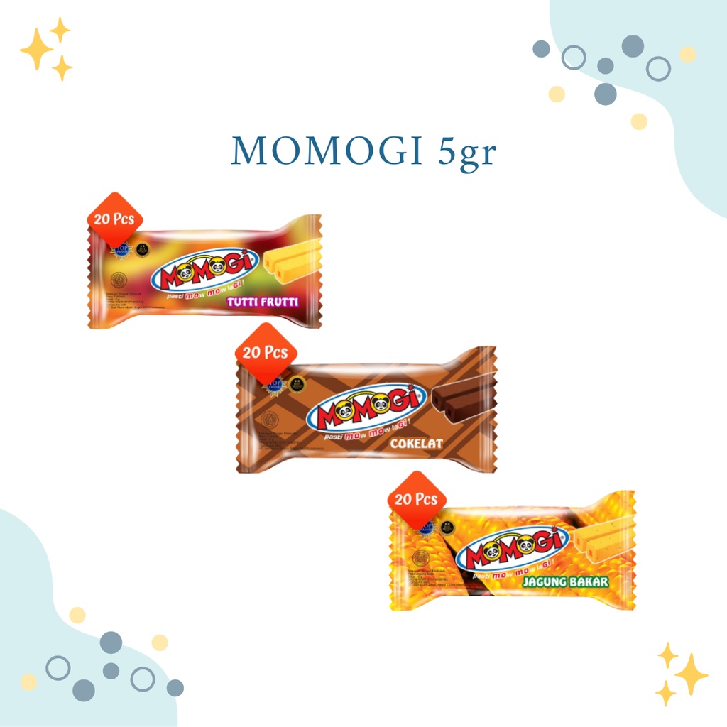 

Momogi Stick Snack Makanan Ringan 5gr - Jagung Bakar/Coklat/Tutti Frutti (1box @20pcs)