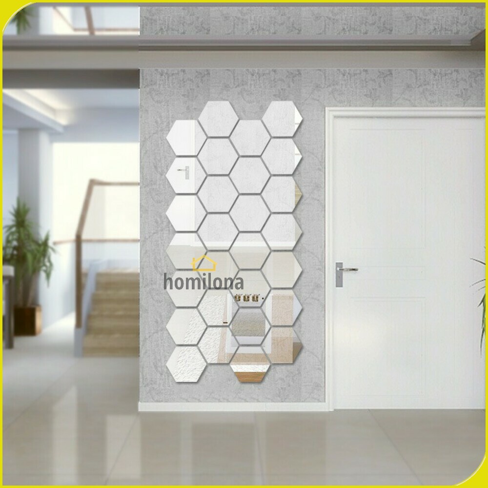 Stiker Dekorasi Dinding Cermin Sticker Hexagon Mirror Acrylic 7 PCS Silver Gold