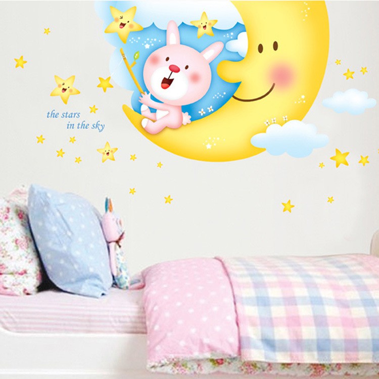 RELIZA WALLSTICKER BULAN SABIT AWAN SMILE ANAK KIDS NICE DREAM ANGKASA BINTANG BIRU KUNING SKY STARS