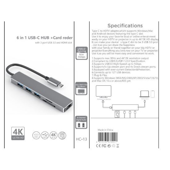 Type-c to hdmi Usb 2.0 3.0 hub card reader sd tf pd airsky 4k 30hz UHD 5Gbps 480Mbps 55w hc-13c - Usb-c 6in1 air sky