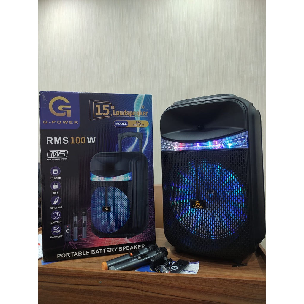 G-POWER PORTABLE BATTERY SPEAKER BLUETOOTH GST-1501 PRO 15INCH EXTRA BASS FREE 2 MICROPHONE WIRELESS ORIGINAL