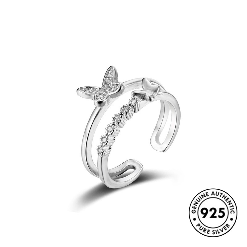 Cincin Model Terbuka Desain Kupu-Kupu Bahan S925 Silver Aksen Berlian