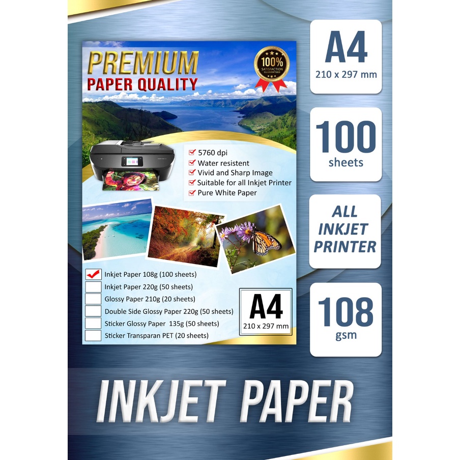

Inkjet Paper 108gsm Double Side A4 ( 1 bungkus 100 lembar )