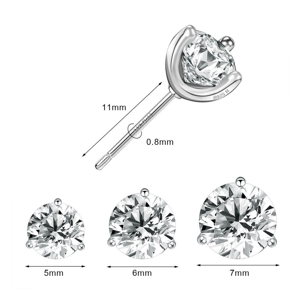 1 Pasang Anting Stud 925 Silver 14K Gold 5 / 6 / 7Mm Bentuk Bulat Aksen Kristal Kilau