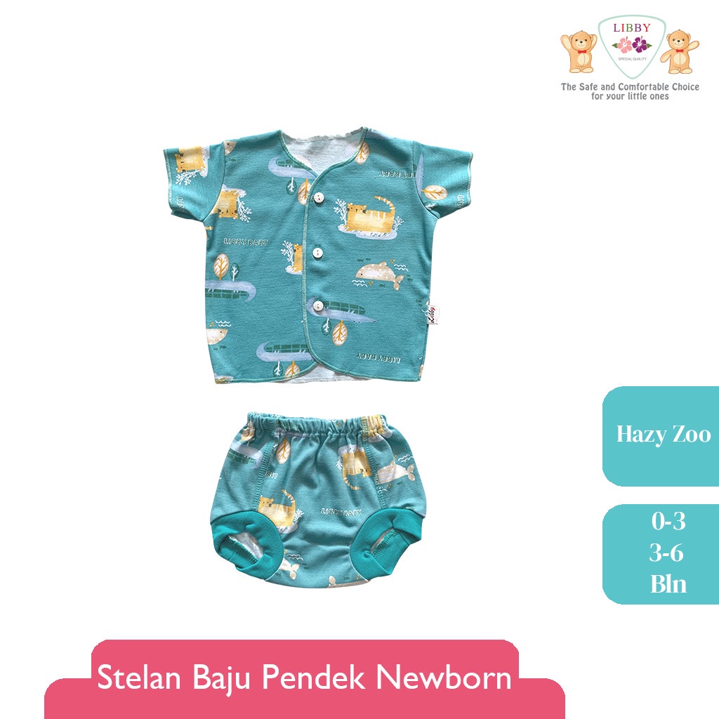 Baju Bayi Setelan Pendek Celana Pop LIBBY Newborn 0-6 Bulan Motif Hazy Zoo (1stel)