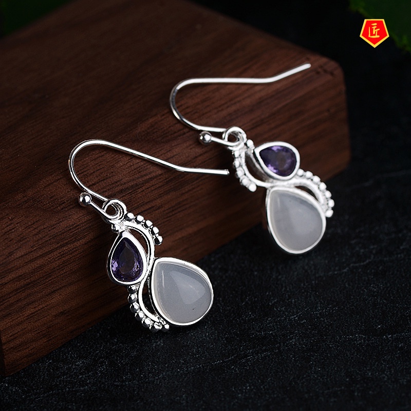 [Ready Stock]Inlaid Amethyst Moonstone Earrings Retro Temperament