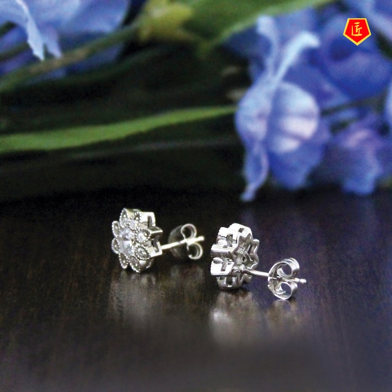 [Ready Stock]925 Silver Snowflake Flowers Diamond Stud Earrings