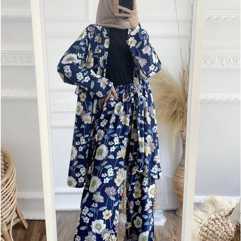 One set Rayon Premium Setelan Piyama Motif Terbaru-Flower Set Cardy