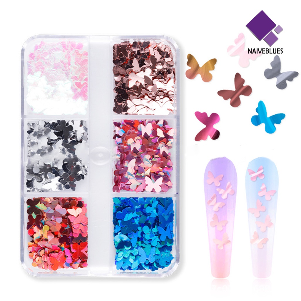 Naiveblue &gt; 6 Sekat / Kotak Sequin / Payet Bentuk Kupu-Kupu Untuk Dekorasi Nail Art Butterfly