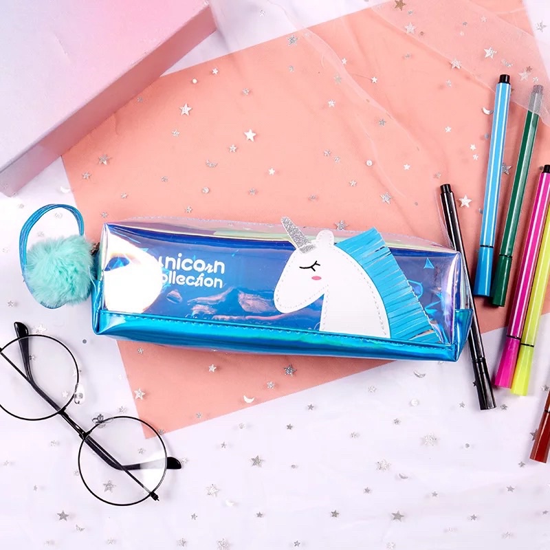 TEMPAT PENSIL DOMPET PENSIL METALIK UNICORN - PENCIL CASE METALLIC SHINY 3D TRANSPARANT CLEAR / KOTAK PENSIL KUDA PONY / TEMPAT PENSIL ANAK