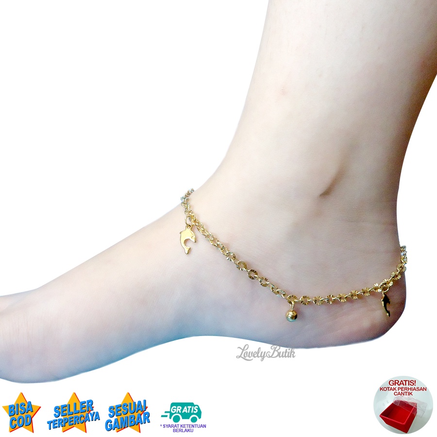 Lovelybutik Gelang Kaki Dewasa Titanium Anti Karat Dolphin Dolpin Gelang Kaki Wanita Titanium Rantai Nori Donat Ukuran 27 Cm BONUS TEMPAT PERHIASAN