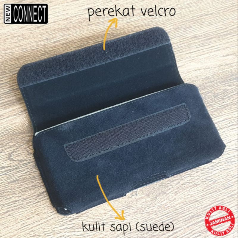 Sarung hp pinggang kulit asli perekat velcro horizontal