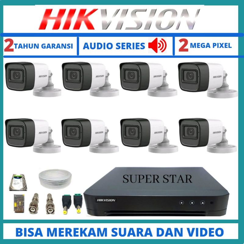 PAKET CCTV HIKVISION 2MP 8 CHANNEL 8 KAMERA AUDIO BISA MEREKAM SUARA TAHAN PANAS DAN HUJAN