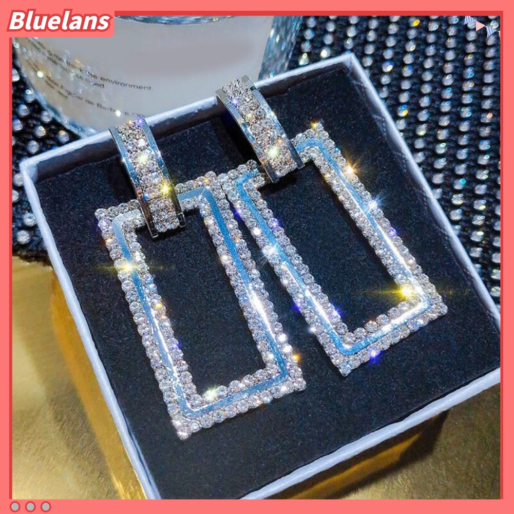 Bluelans Women Rhinestone Inlaid Hollow Rectangle Dangle Ear Stud Earrings Jewelry Gift