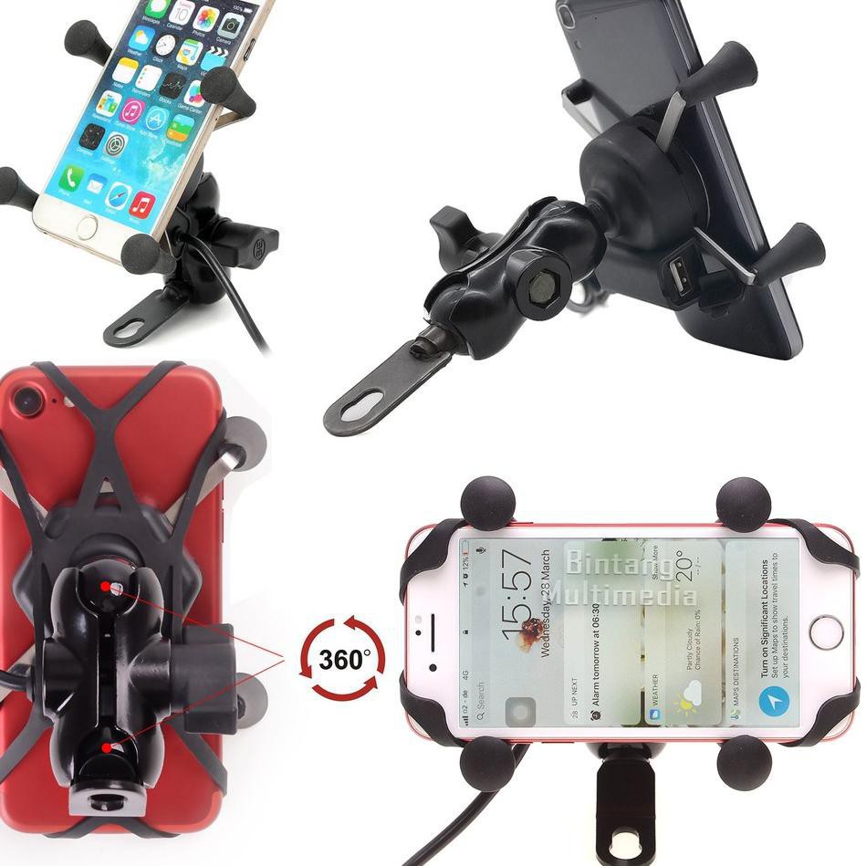 X-Grip Phone Holder Spion Motor + Charger USB Handphone Dengan Saklar On Off