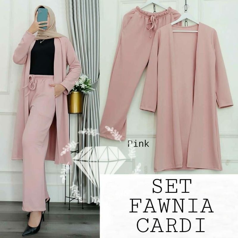 PCS SET FAWNIA FASHION PAKAIAN WANITA SETELAN OUTER CARDI DAN CELANA MOSCREPE KR ADA VIDEO REVIEW ASLI PRODUK