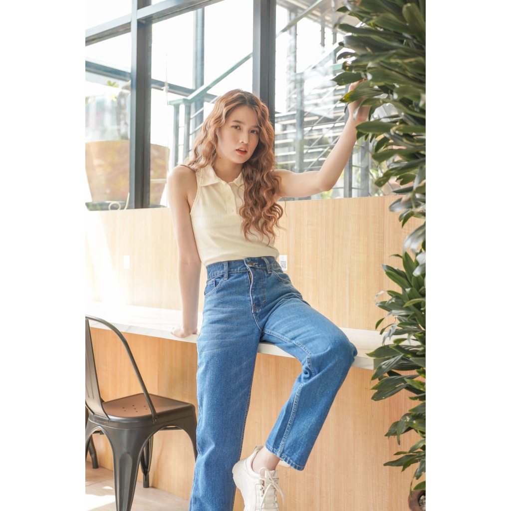 HOPYLOVY - Celana Boyfriend Jeans Loose Highwaist Wanita Gradasi Velita