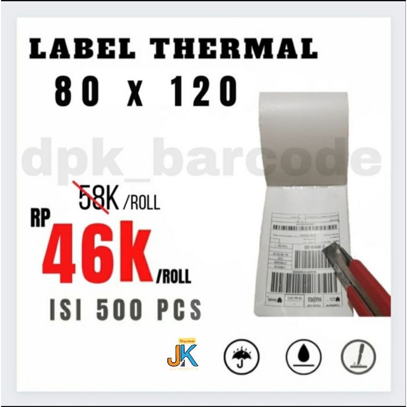 

label thermal 80x120 isi 500pcs, Kertas Thermal 80x120, Label Barcode, kertas resi print thermal