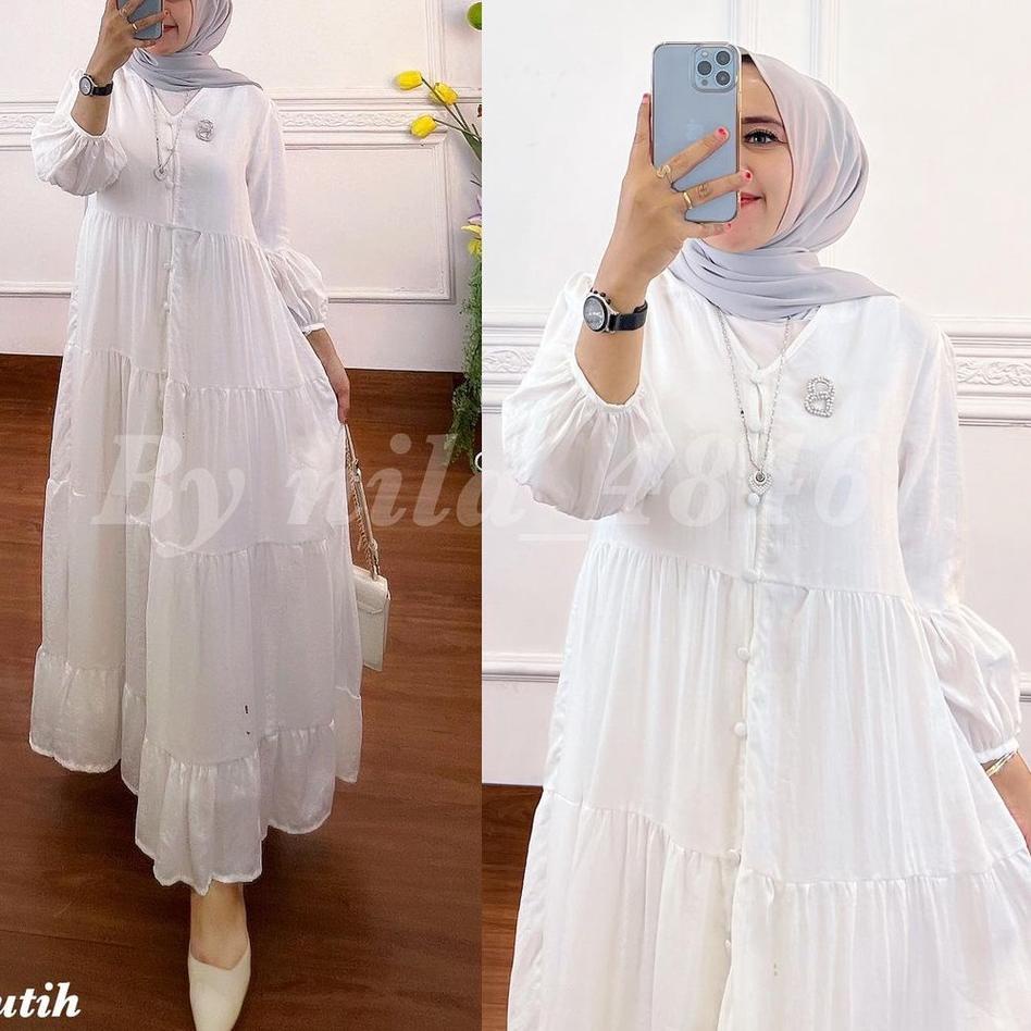 ☼ Gamis Midi Dress Premium Baju Dress Wanita Muslim Long Dress Jumbo XL, XXL, XXXL Dress Putih Mini 