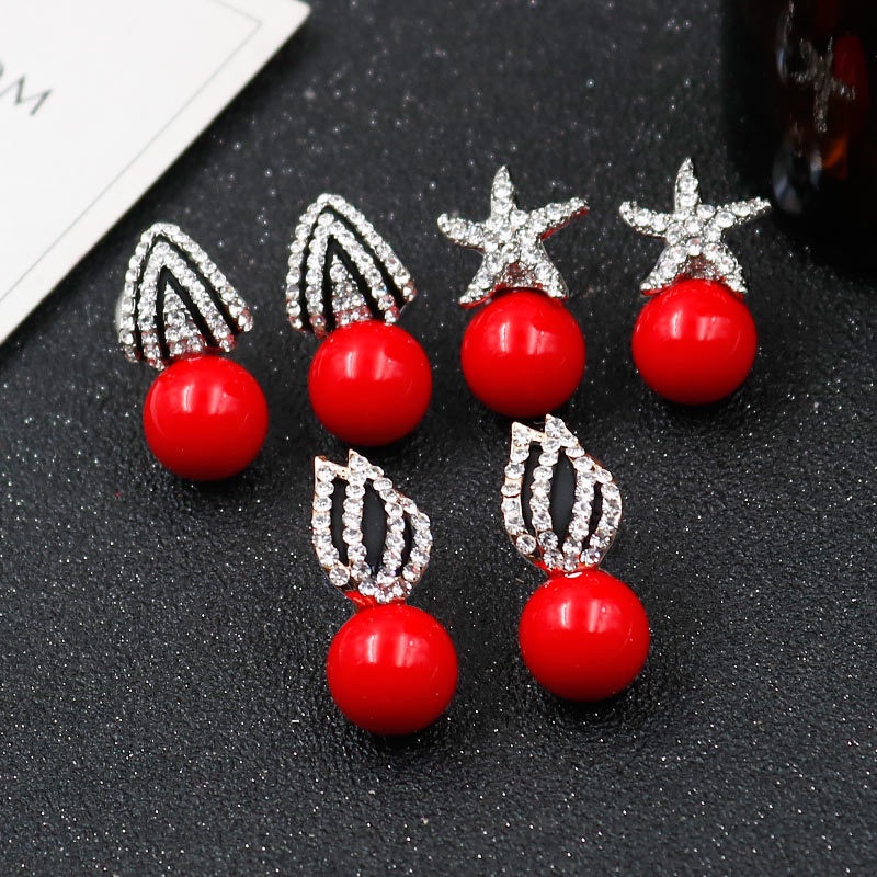 Anting 925 Silver Needle Bentuk Bunga Cherry Hati Aksen Mutiara Merah Gaya Korea